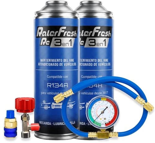 Ralerfresh RC 3 en 1 – Recarga de Aire acondicionado coche R134A hasta 2016 - Gas refrigerante, Sella fugas, lubricante (2 Botellas RC31 + Manómetro Manguera + conector)