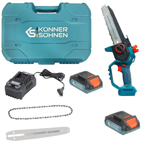 K&S Könner&Söhnen KS MCS20V-8 CASE PLUS Akku-Mini-Kettensäge mit 8″ Schiene und 8 m/s Kettengeschwindigkeit,20V Akku-Ladegerät sowie 2 Schienen und 2 Ketten à 8″. Akku KS 20V2-1 als Geschenk!