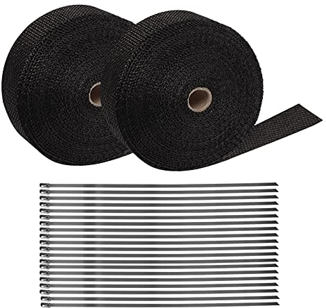 BALLSHOP 2 Stücke Hitzeschutzband Basaltfaser 15M Auspuffband mit 30 Edelstahl Kabelbinder für Fächerkrümmer Thermoband Motorrad Krümmerband Schwarz