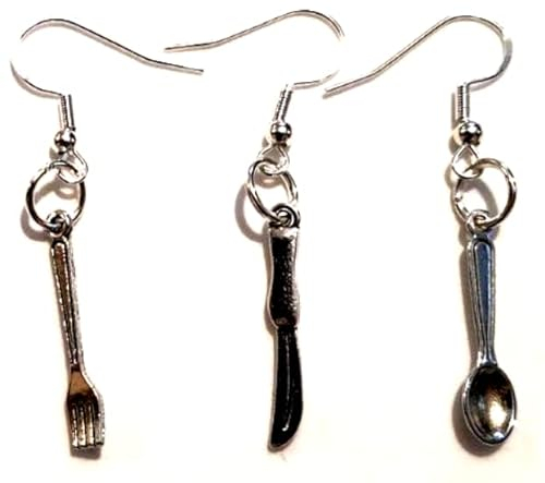 Silver Knight Mismatched Antique Silver Fork, Knife and Spoon Earrings On Sterling Silver Hooks, Asymmetrical Cutlery Earrings, Mix & Match, Gift Bag