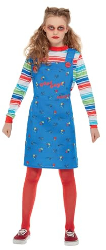 Smiffys Chucky Costume in Blue for Kids, Dress and Top, Officially Licensed, Blue Dungaree Dress and Striped Top with Colour Block Cuffs, Ideal for Halloween and Matching Costumes