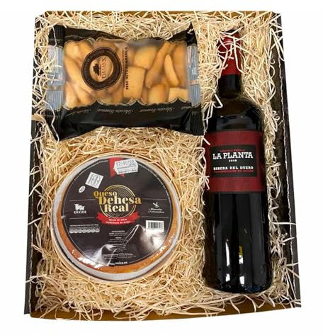 Lote para regalo con vino La Planta, queso de la serena Oro Noble para untar y picos en estuche de regalo
