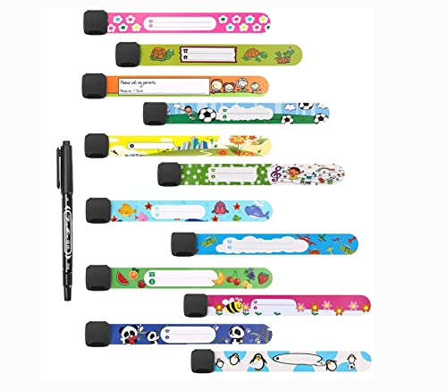 Jieddey Kinder Namensarmband,12 PCS Notfall-Armband mit 1 PCS Stift Anti Lost Notfallarmband Bänder PVC Wasserdichtes ID Armband Infoband für Kinder Jungen Mädchen Kleinkind