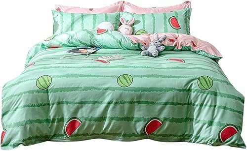 Homewish Kids Watermelon Comforter Cover Modern Geometric Stripes Bedding Set Double Pink Girly Double Duvet Cover For Girls Boys Women Bedroom Breathable Green Quilt Cover With Corner Ties