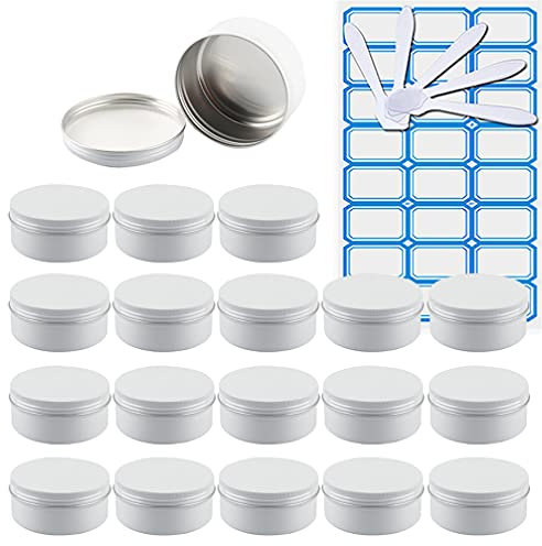 ZEOABSY Pack of 30, Empty 80ml White Aluminium Tins with Screw Lids Round Cosmetics Containers Pots Storage Jars for Lip Balm DIY Candle Salve Powder Crafts with 5 Spatula, 2 Labels