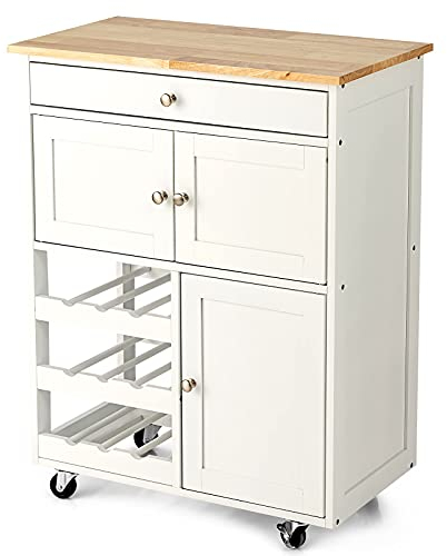 TANGZON Kitchen Storage Trolley on Wheels, Rolling Kitchen Island with 3-Tier Wine Rack, Rubber Wood Worktop, Cabinets & Drawer, Utility Serving Cart for Home Bar Living Dining Room (White)