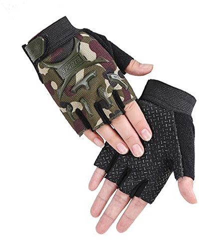 Kids Half Finger MTB Cycling Gloves Road Bike Gloves Breathable Anti Slip Workout Gloves Roller Skating Mitten Sports Gloves Fingerless Riding Climbing Gloves for Boys Girls (L For 8-12Y, Camo)