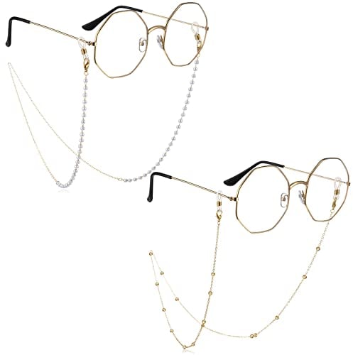 Fiada 2 Pcs Glasses Chain Women Sunglasses Pearl Beaded Strap Reading Glasses Holder Strap Eyeglass Holders for Women Men with Non Slip Loops Gift