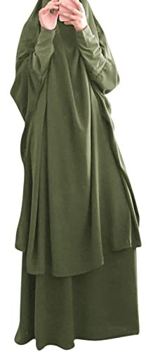 Frauen Jilbab Kleid Muslim Langarm Maxi Gebetsrobe Einfarbig Lose Vollständige Bedeckung Khimar mit Rock für 2-TLG Outfit für Außenbereich Armeegrün One Size