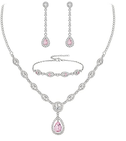 EVER FAITH Schmuck Set für Braut weiß vergoldet klar Teardrop kubischer Zirkonia Oktober Birthstone Halskette Armband Ohrringe Rosa Silber-Tone für Damen