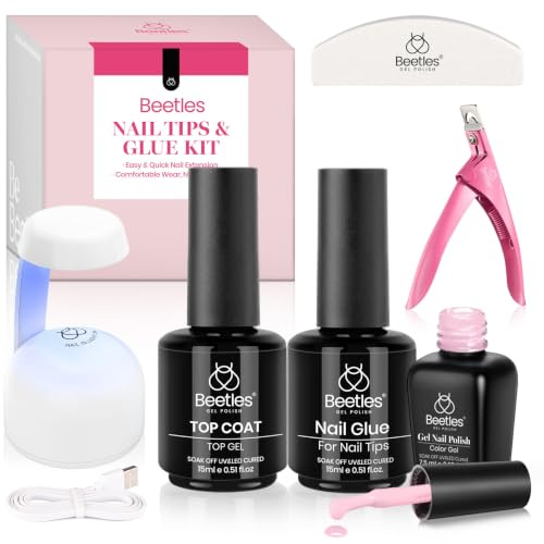 Beetles 600 Stück Nägel Tipps Mandel Mittlerer Set mit Rosa Gel | Nagellack，Full Cover Nail Tips mit Lamp für Gelnägel，Kurze Nagelspitzen Tips für Nagelstudios und Maniküre