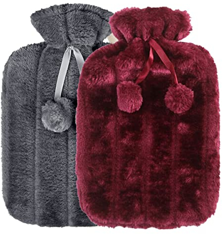 Hot Water Bottle with Cover UK Pack of 2-2L Natural Rubber Hot Water Bottles Cosy Faux Fur Pom Fleece|Assorted Colours Hot Water Bag for Pain Relief Secure & Leakproof Ideal Hot and Cold Compress