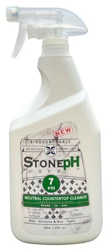 STONE PH Limpiador de encimeras neutro para superficies de limpieza de cocina y hogar: seguro, verde, aerosol, mármol, granito, cuarzo, travertino, no abrasivo y no tóxico, biodegradable, limón (25