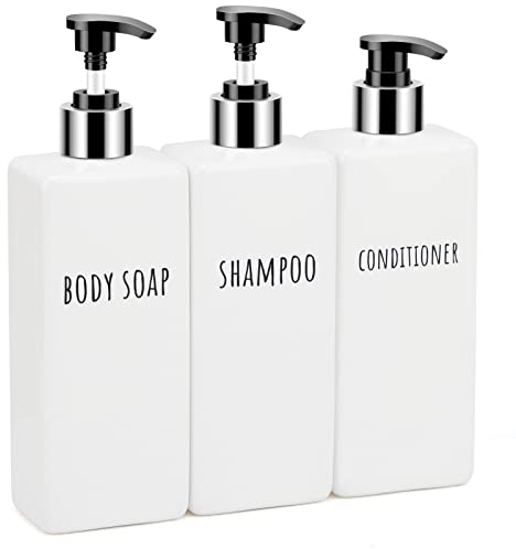 Segbeauty Square Soap Dispenser Refillable，3pcs 16.9oz Plastic Pump Bottles，500ml Empty Reusable Modern Bathroom Kitchen Liquid Container Set Shampoo Conditioner Body Soap White (SBFBA161075)