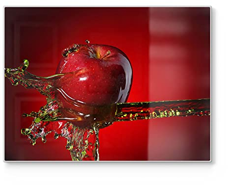 DEQORI Schneidebrett aus Glas | groß 40x30 cm | Motiv Flüssigkeit trifft Apfel | Design Schneideplatte für Küche | Frühstücksbrett antibakteriell & rutschfest | Glasplatte & Servierplatte