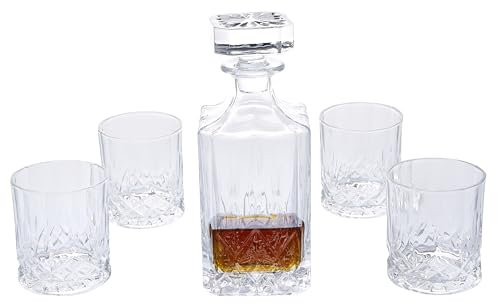 Regal Trunk & Co. Regal Trunk Whiskey Decanter Set 25oz – Elegant Crystal Barware with 4 Glasses (6.8oz) – Premium Drinkware for Bourbon, Scotch – Unique Gift for Men, Anniversary, Retirement