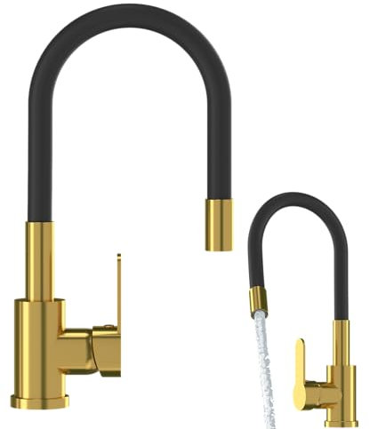 Granitan GRADO Wasserhahn mit schwenkbarem Auslauf - Mischbatterie fur Küche Durchmesser von 35 mm - Ausziehbar Küchenarmatur mit Keramikkopf - Kitchen Tap - Schwarz und Gold