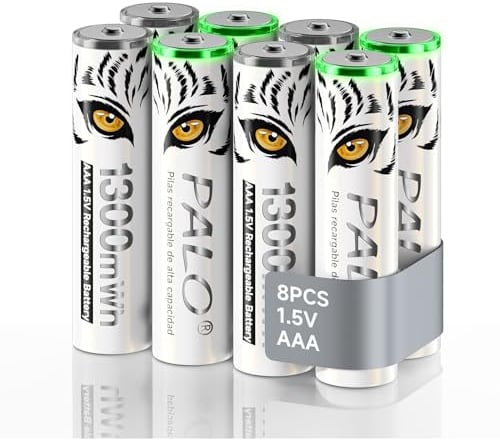 Mspalocell Batteria al litio AAA 1,5 V 1300 mWh, stampa Tiger e con luce di ricarica, batterie AAA a ricarica rapida da 1500 cicli ricaricabili, confezione da 8 batterie con scatola batteria