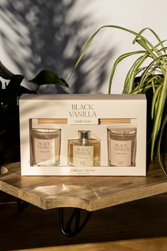 Marco Paul Diffusor und Kerze Geschenksets Baumwolle Zedernholz Vanille Bernstein Kerze Sets Geschenke Wohnkultur (Black Vanilla, Diffuser Set)