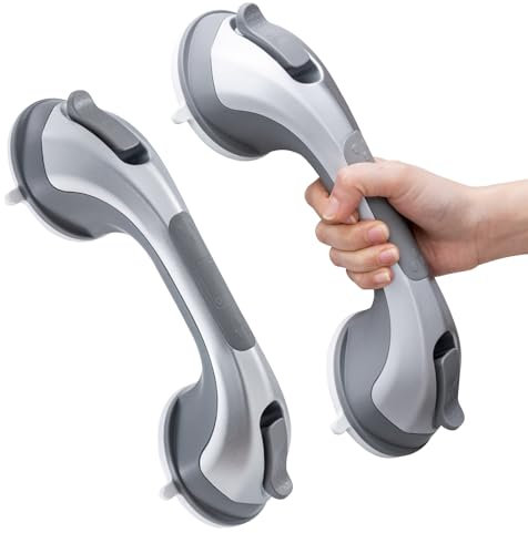 LEVERLOC Dusche Haltegriffe, 31 CM Duschgriff für Badewanne 2 Pack, MAX Halt 110 KG Haltegriff für Senioren, Badezimmer Griffstangen für ältere Menschen, kein Bohren & abnehmbarer Handlauf, Silber