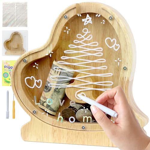 Lakpopya Spardose für Kinder Jungen Mädchen Sparschwein Kinder Spardose Personalisiert Durchsichtig Spardose Buchstabe Holz A-Z mit Zielbereich & Aufkleber & Marker, Taufe Geschenk Dekoration (Herz-1)