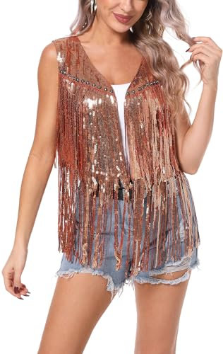 Maeau - Gilet avec Frangées Paillettes Femme Printemps Été Veste sans Manches Vintage Style Hippie Rock Soirée Costumée - Couleur or rose - S