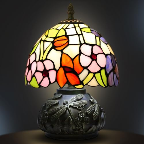 Ppbmocw Small Tiffany Lamp,Stained Glass Table Lamp for Living Room,Bedside,Reading,8 Inch Vintage Mini Mushroom Desk Light Included 3 Color Temperatures E27 Bulb (Four Leaf Flower)