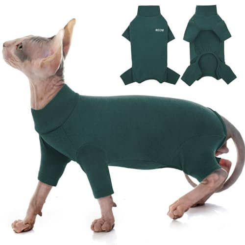 Sphynx Katze Kleidung, Katzenbody Nach Op Postoperative Kleidung für Katzen Body Operation Recovery Anti-leckende Langarm 4 Beine Pyjama für Katzen(Dunkelgrün, S)