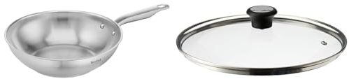 Tefal E49219 Virtuoso Poêle wok en acier inoxydable de qualité supérieure non scellée Finition brossée Compatible induction Passe & 280977 Couvercle en Verre 28 cm avec Anneau