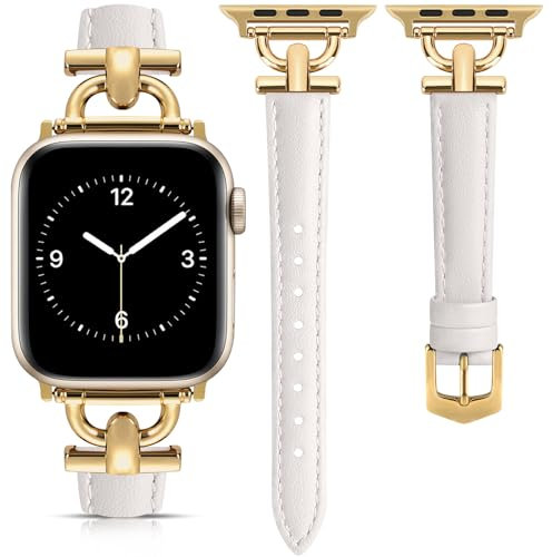 mxiixnai Lederarmband Kompatibel mit Apple Watch Armband 38/40/41/42mm Damen, Schlank Elegant Armbänder für iWatch Serie 10/9/8/7/6/5/4/3/2/1/SE,Polarstern/Gold