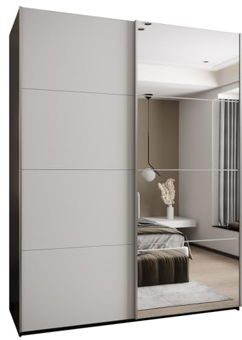 MEBLE KRYSPOL LUX 3 Eleganter 2-türiger Schwebetürenschrank mit Spiegel an der Tür - Leise schließend - HETTICH TopLine L System - 245,5x190x64cm - Schwarz, Weiß, Silber