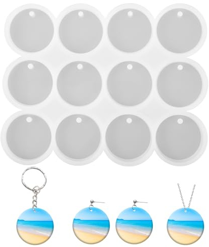 Qianyu 12 Pcs Cavity Shiny Flat Circle Silicone Mould with Hanging Hole Round Drilled Keychain Jewelry Pendant Earrings Decor Model DIY Crafts Making Pet Tag Charms Resin Casting Mould