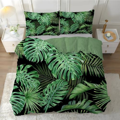 Linfye Bettwäsche 135x200 cm Grüne Palmenblätter Bettbezug 135 x 200 Bettwäsche-Sets, Schwarze Tropische Pflanzen Kinderbettwäsche Weich Bettbezüge mit Reißverschluss + 2 Kissenbezug 80x80 cm
