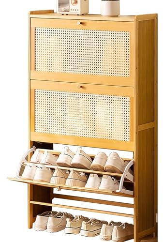 LONEU Rattan-Schrank Schuhkipper mit 3 Klappen Schuhschrank, Schmal Schuhregal Schmaler Schuhregal-Organizer Freistehender aus Holz für Eingangsbereich, Flur, Schlafzimmer(Color:B,Size:70X22.5X120CM)