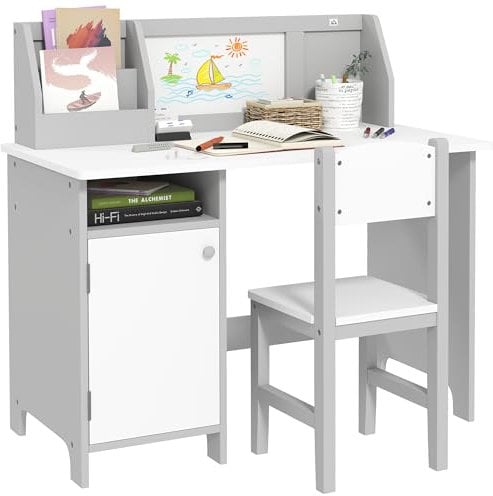 HOMCOM Ensemble Table et Chaise pour Enfant avec Tableau Blanc - Bureau pour Enfant +5 Ans 90L x 45l x 85H cm Gris