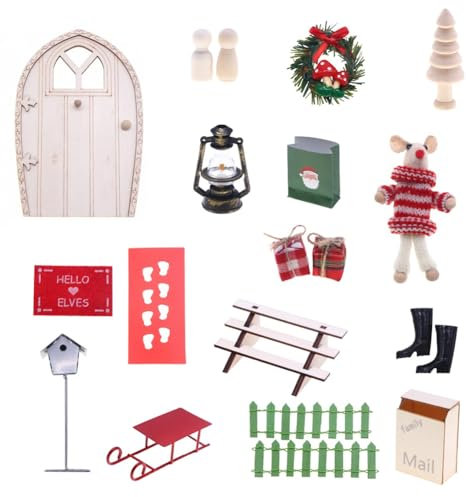 JAWSEU Accesorio de Elfo navideño Kit de Puerta de Elfo navideño Juego de Puerta de Elfo Kit de Navidad en Miniatura para casa de muñecas Accesorios para Puerta de Elfo Kit de Navidad en Miniatura