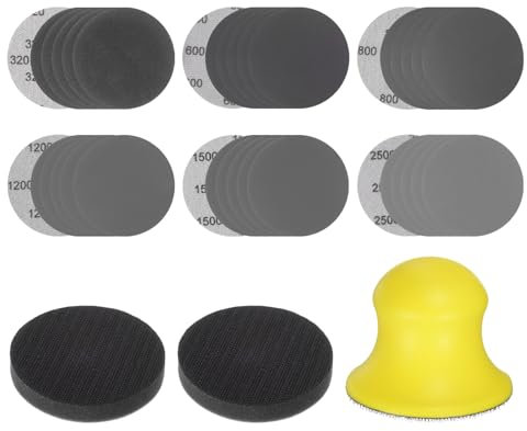 sourcing map 3-Inch Hand Sanding Blocks Set Round with Hook and Loop Discs Sandpapers 320/600/800/1200/1500/2500 Grit & Interface Pads for Wood Metal Mirror Car Polishing