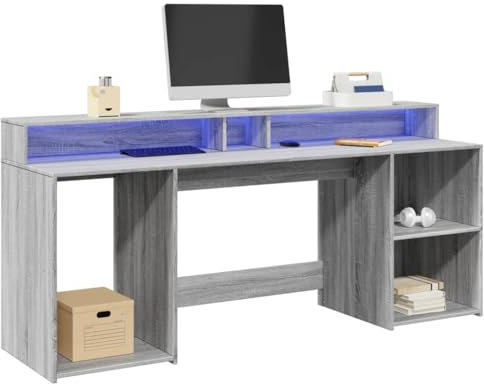 vidaXL Desk with LED Lights - Grey Sonoma Engineered Wood Writing/Working Table with Storage - Modern Office/Gaming Desk 200 x 55 x 91 cm