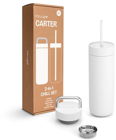 Fellow Carter Trinkflasche mit 2 Deckeln, auslaufsicherer Deckel mit Metallgriff, Kaltdeckel mit Strohhalm, keramische Innenseite, vakuumisolierter Edelstahl, mattes Weiß, 590 ml