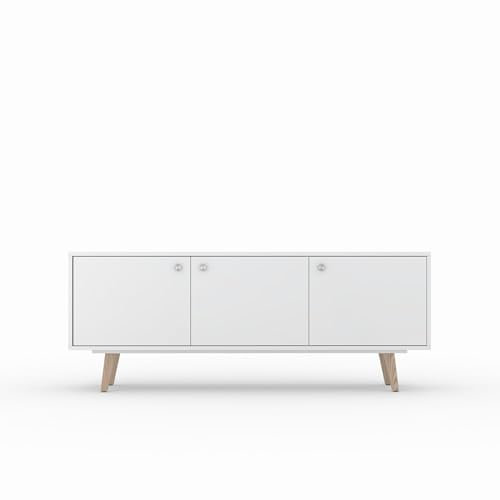 TV Schrank PRIMULA, lackiert Weiß, 3 Türen, skandinavisches Anrichte, 190 x 66 x 43 cm