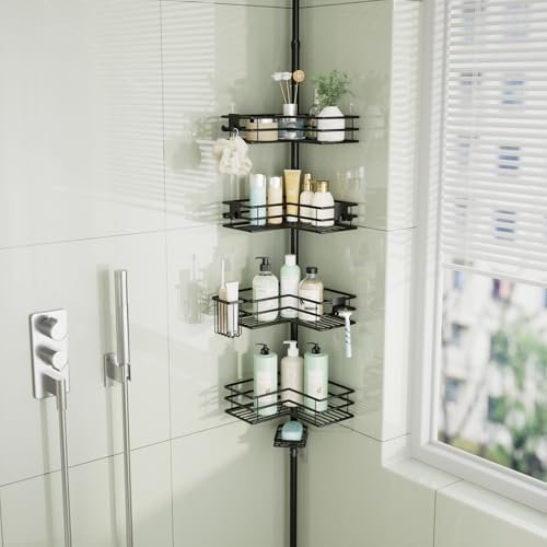HapiRm Telescopic Shower Caddy Corner - Tension Bathroom Corner Shelves with Soap Holder, Toothbrush Holder and 4 Hooks, Height Adjustable Stainless Steel Shower Caddy for 27.6 to 108.3 Inch - Black