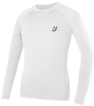 Roadbox Boys Long Sleeve Compression Shirt, Kids Base Layer, Quick Dry, Breathable Sports Top for PE, Football White