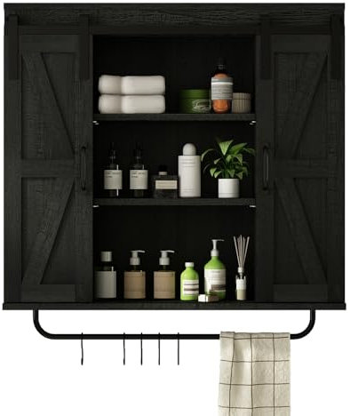 RUSTOWN Rustikaler Wandschrank aus Holz mit zwei Schiebetüren, 3-stöckig, dekorativer Landhaus-Vintage-Schrank für Küche, Esszimmer, Badezimmer, Wohnzimmer, Schwarz
