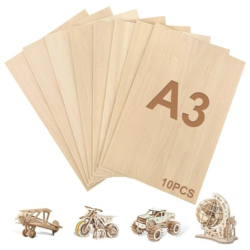 Lot de 10 plaques de contreplaqué A3 de 3 mm en bois de tilleul 42 x 30 cm, plaques de bois pour le bricolage, le modélisme, la pyrogravure, le travail du bois DIY (A3-420 x 300 x 3 mm)