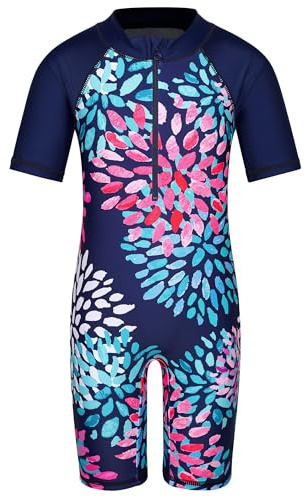 HUAANIUE Filles Maillot de Bain 1 Pièce 2-12 Ans, Anti-UV UPF 50+ Manches Courtes, Fermeture Éclair Frontale, Imprimés Colorés, Idéal pour Plage et Piscine (S431-Marguerite Marine, 4-5 Ans)