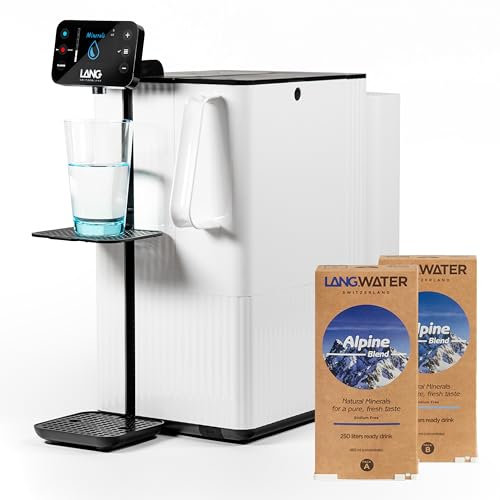 LANGWATER Osmoseanlage Auftisch mit Mineralisierung TheWell 2 – Osmoseanlage Trinkwasser mit Heißwasserspender – Starterkit mit 4-stufigem Wasserfilter Trinkwasser & 2 Packs Mineral aus der Schweiz