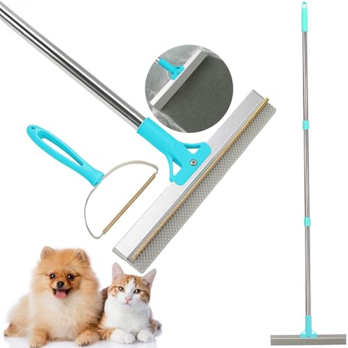 HOSDFOIER Tierhaarentferner, 2-in-1-Haarentferner, Teppichbürste mit 138 cm Verstellbarem Griff zum Entfernen von Tierhaare aus Autos, Teppichen, Fußböden, Sofas und Kleidung (Blau)
