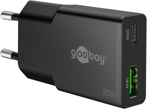 goobay USB-C PD GaN Chargeur Rapide Double Slim 20W (Noir) Bloc d'alimentation, Power Delivery, Port USB-A Quick Charge, Bloc d'alimentation pour Smartphone & Tablette - 75729