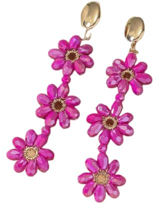 Orecchini Pendenti Lunghi con Nappe e Perline A 3 Fiori Rossi Rosa, Orecchini Pendenti con Frange Lunghe e Perline In Stile Boho Estivo Per Donne, Gioielli Per Le Vacanze Estive