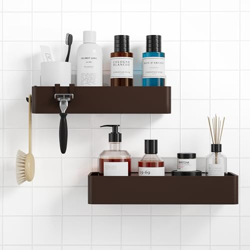 Kitsure Shower Caddy Adhesive, Quick-Dry Bathroom Organizer, Large, Brown | 2 Pack Rustproof Metal Shower Shelves, Drill-Free Bathroom Accessories Mount, 4 Hooks Storage, Quick Drain & Large Capacity